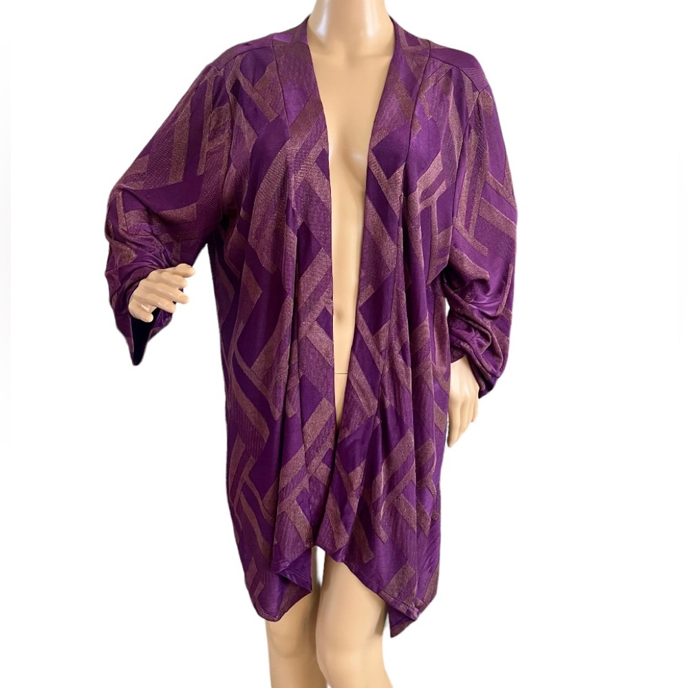 Chicos Travelers Open Front Cardigan Lightweight Purple Gold Glitter